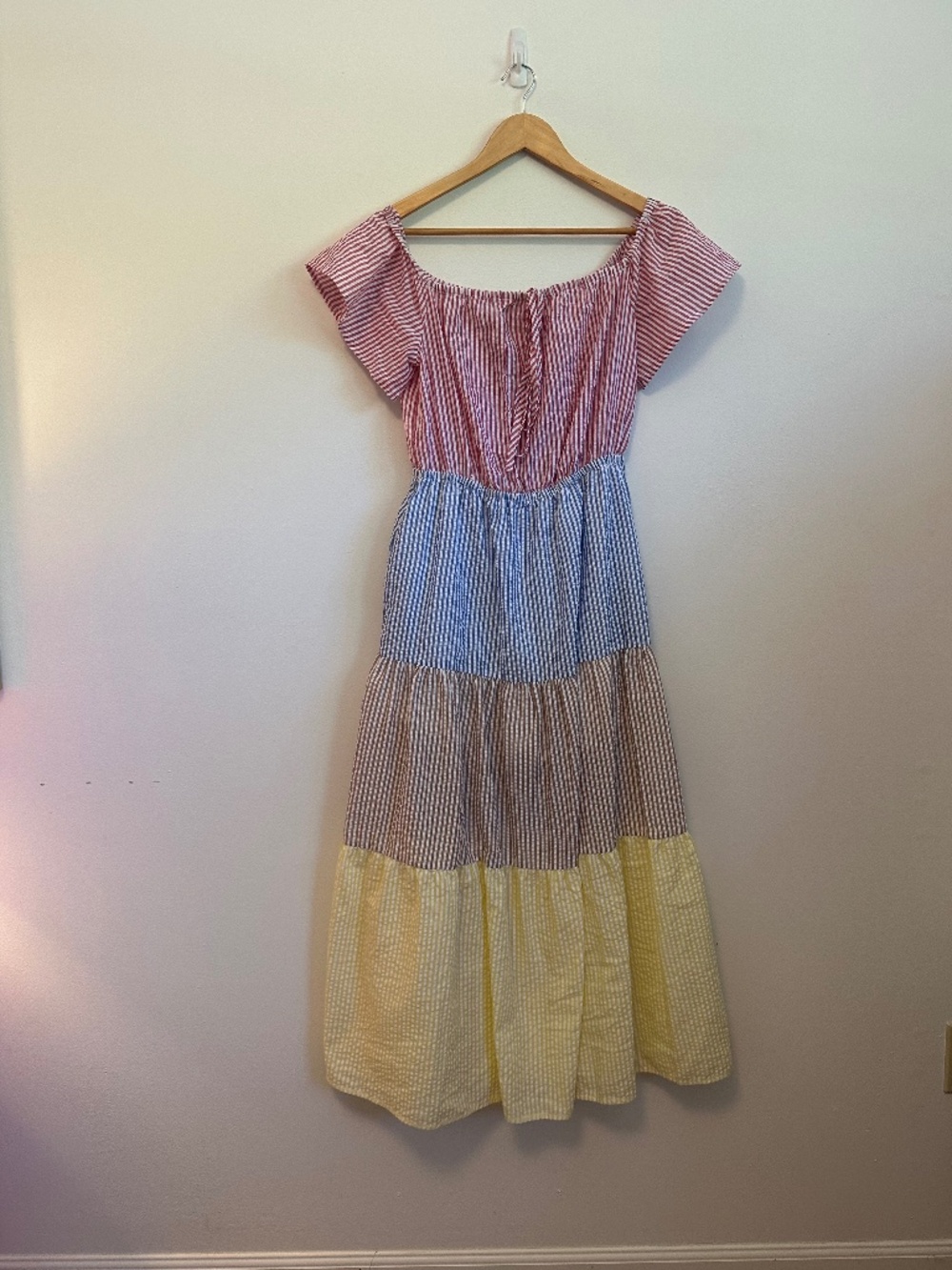 English Factory Colorblock Seersucker Tiered Cotton Dress | Size Medium